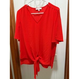 Chaus New York Womens Red V-Neck Tie‎ Front Short Sleeve Crepe Blouse Small